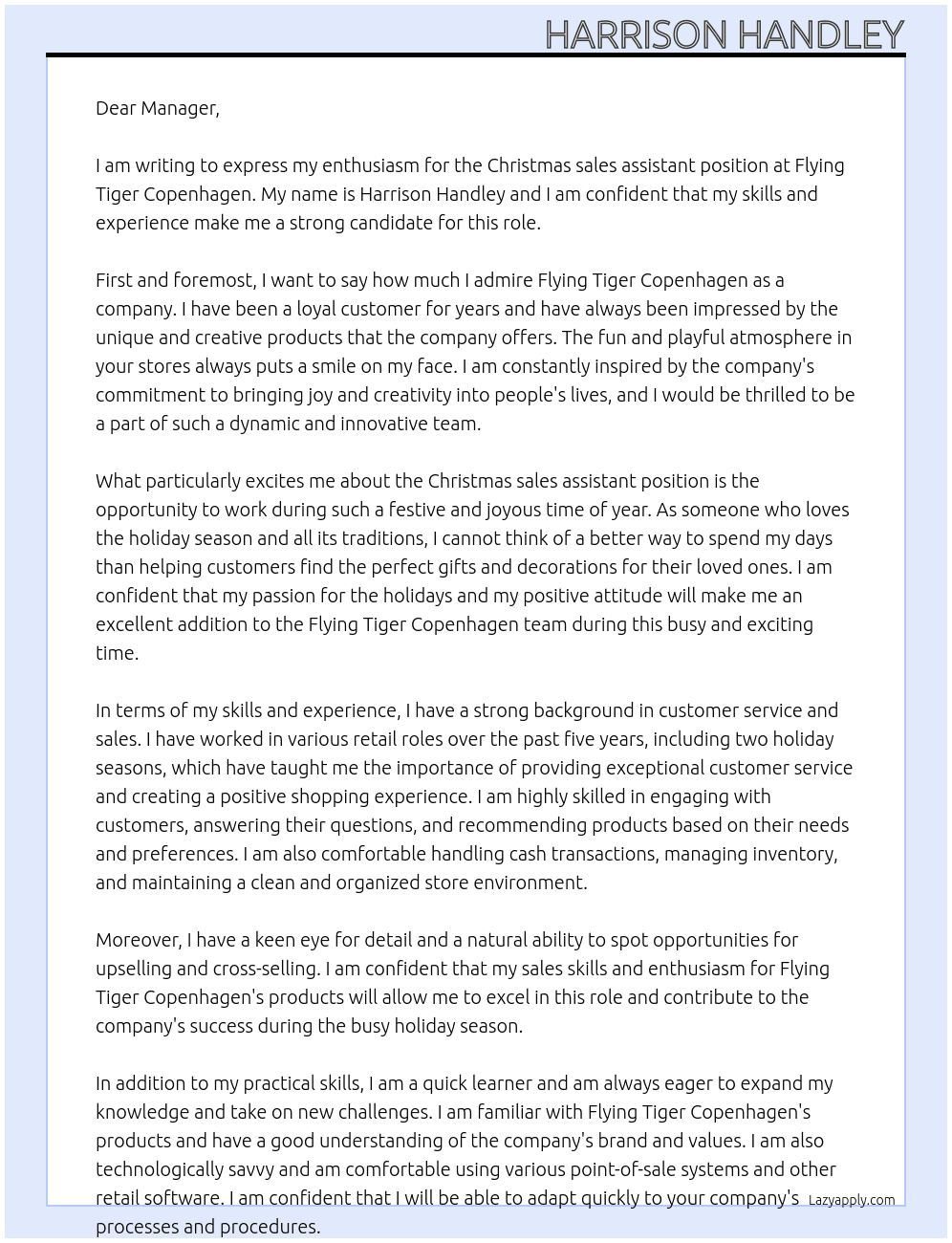Christmas sales assistant At Flying Tiger Copenhagen Cover Letter
