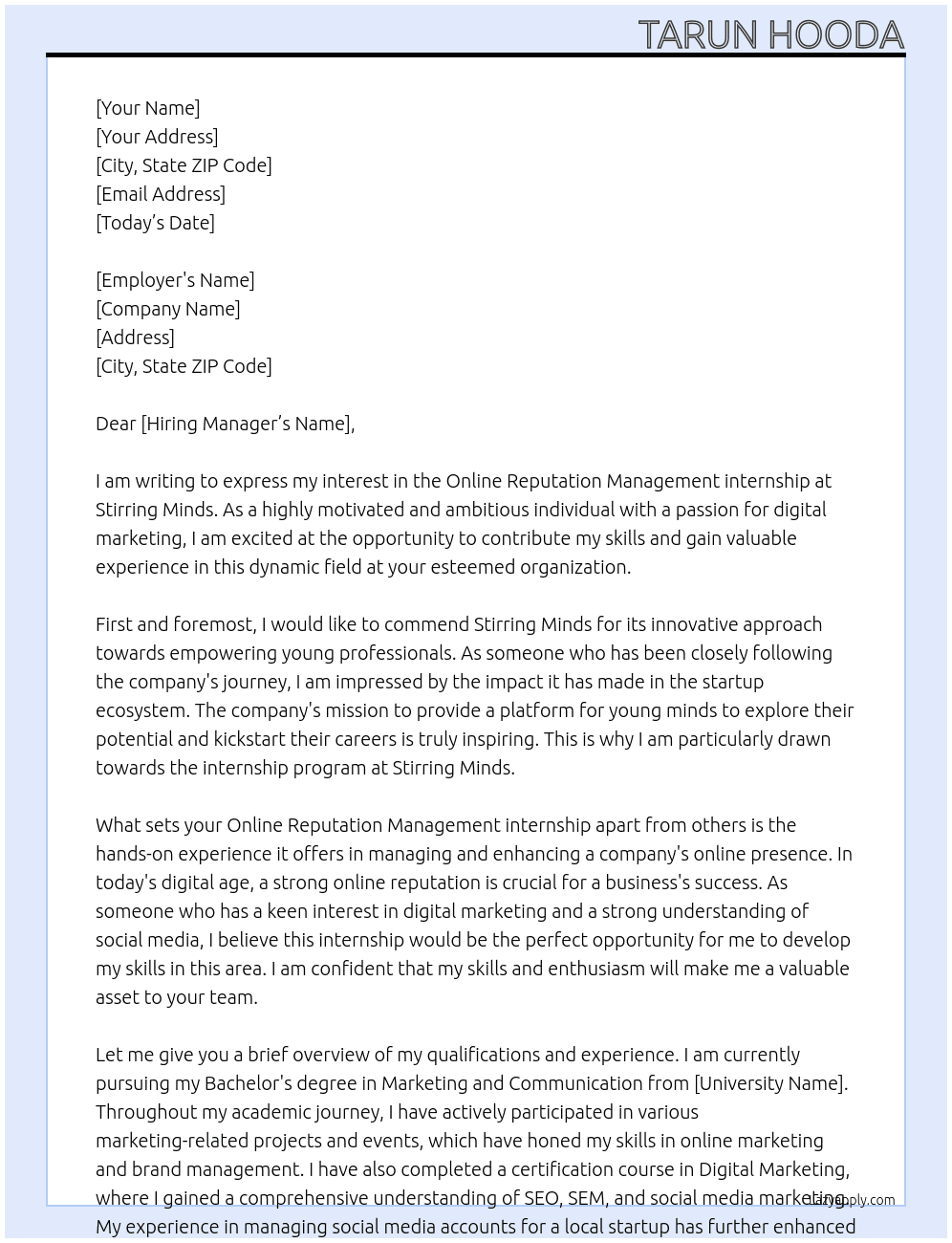 Online Reputation Management internship At Stirring Minds Cover Letter