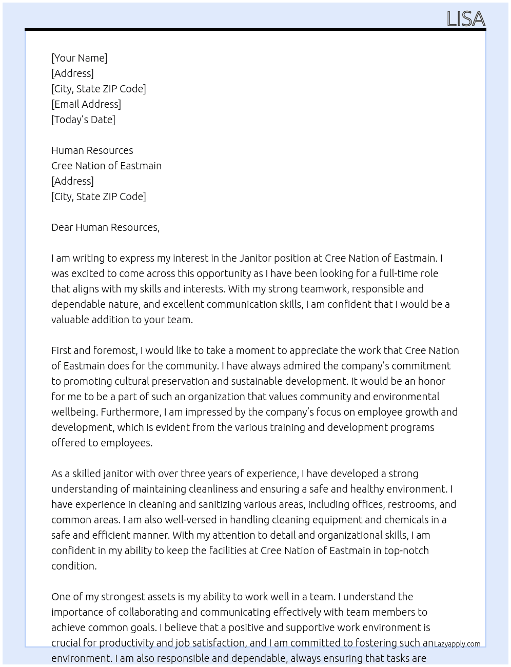 Janitor  At Cree Nation of Eastmain Cover Letter