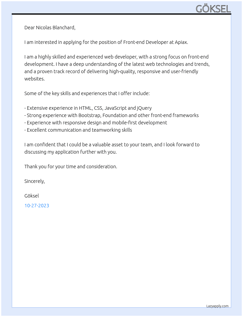 Front-end Developer At Apiax Cover Letter