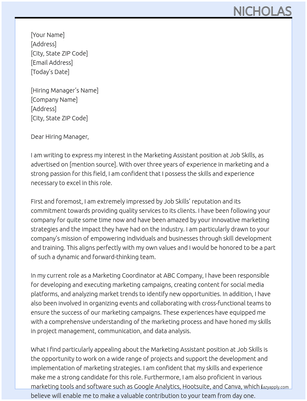 Marketing assistant At Job Skills Cover Letter