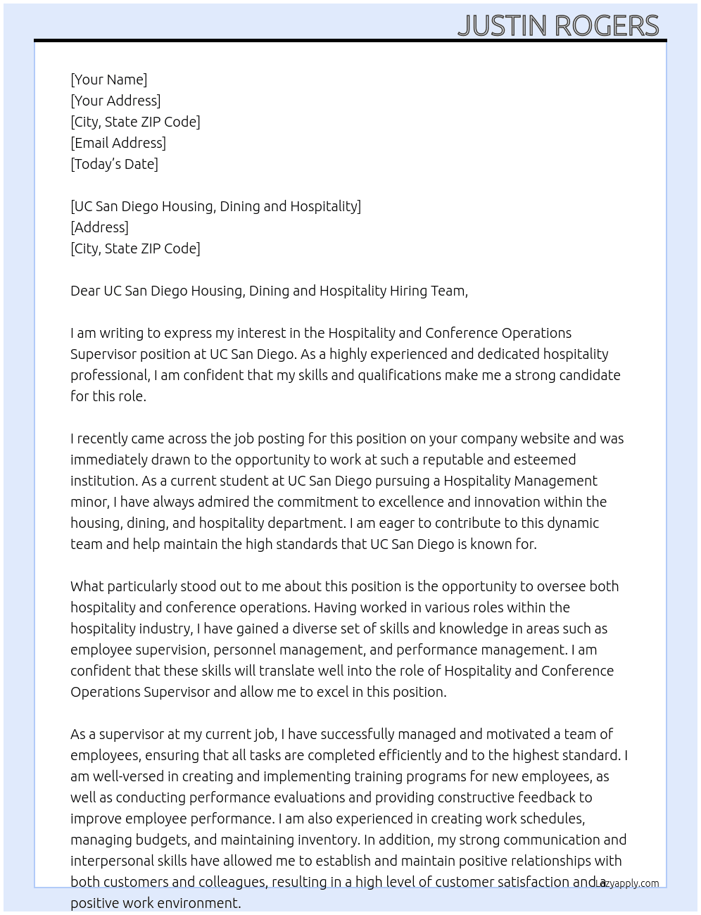 Hospitality and Conference Operations Supervisor  At UC San Diego  Cover Letter