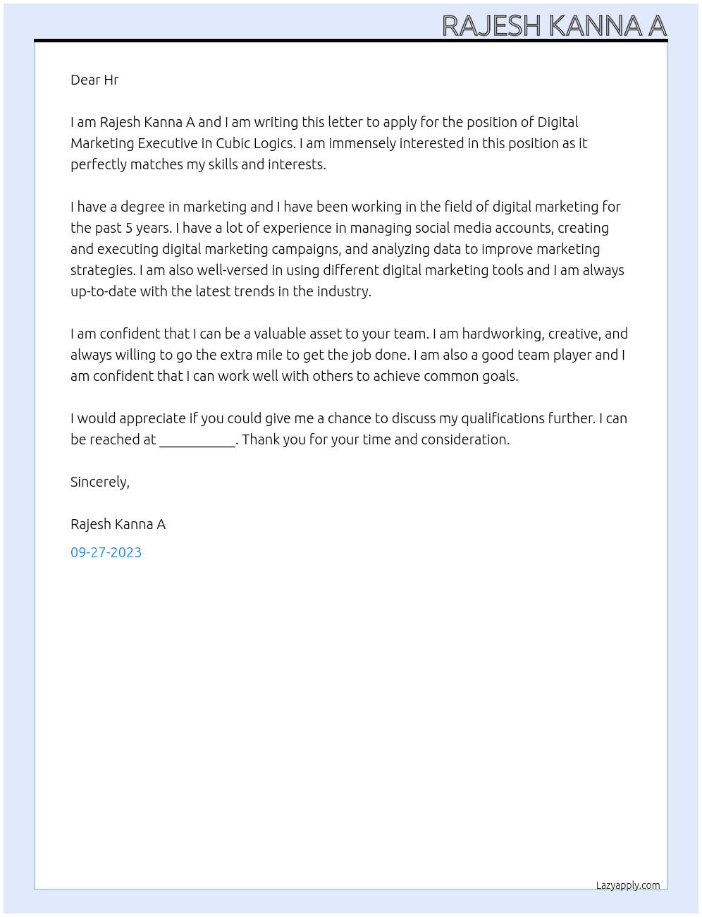 Digital Marketing Executive At Cubic Logics Cover Letter
