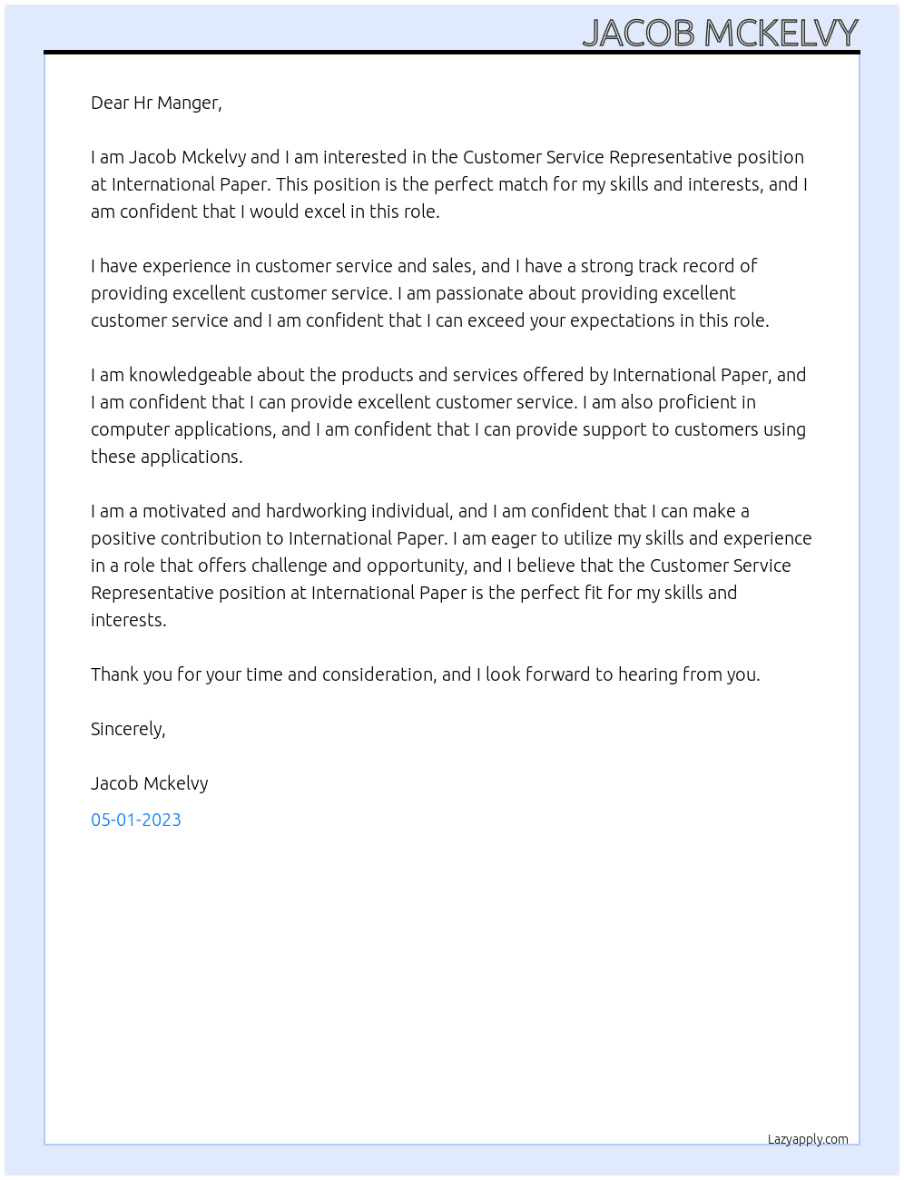 Coutomer Service repersentive At International Paper Cover Letter