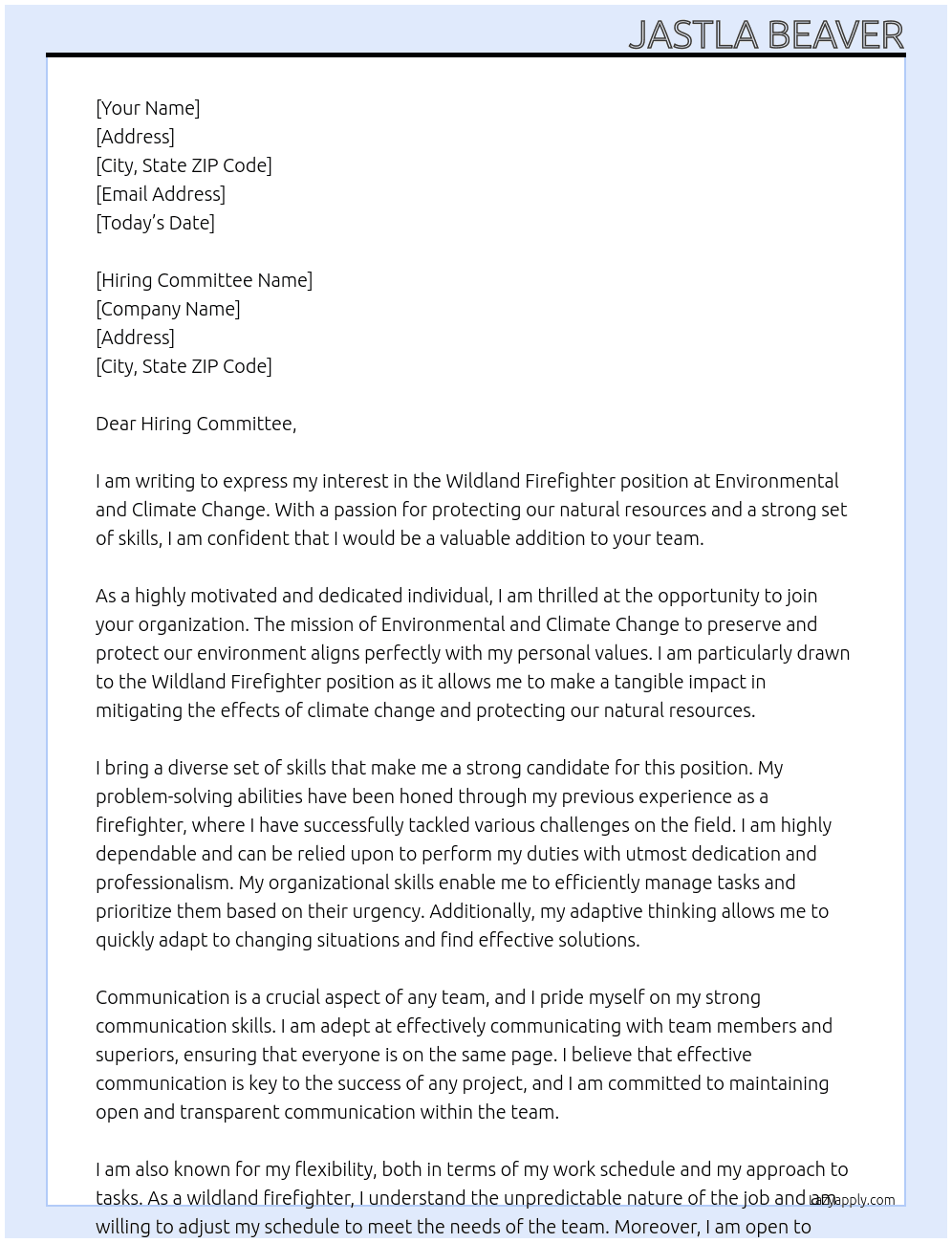 Wildland Firefighter At Environmental and Climate Change Cover Letter