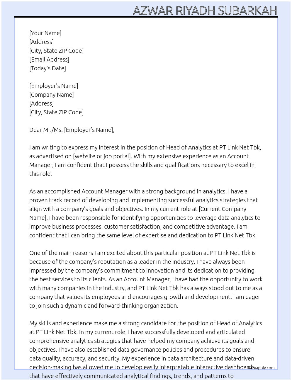 Head of Analytics At PT Link Net Tbk Cover Letter
