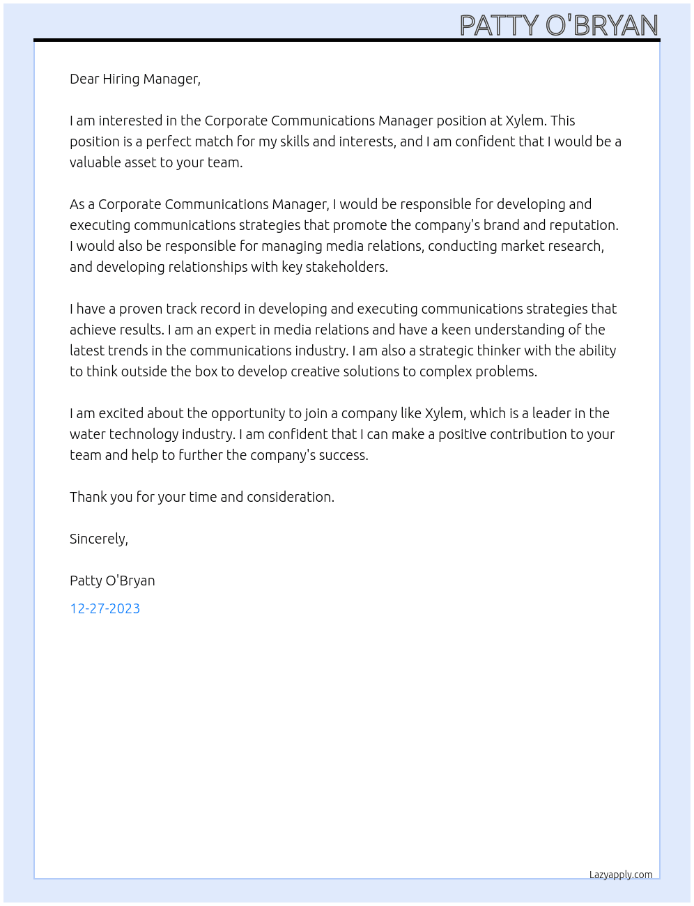 Corporate Communications Manager At Xylem Cover Letter