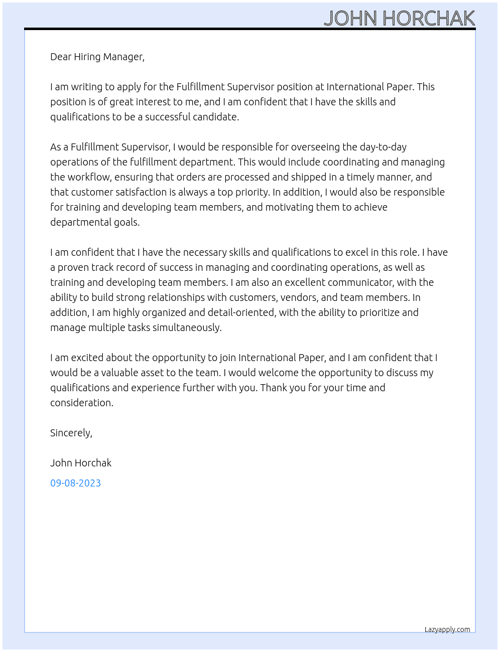 Fulfillment supervisor At International Paper Cover Letter