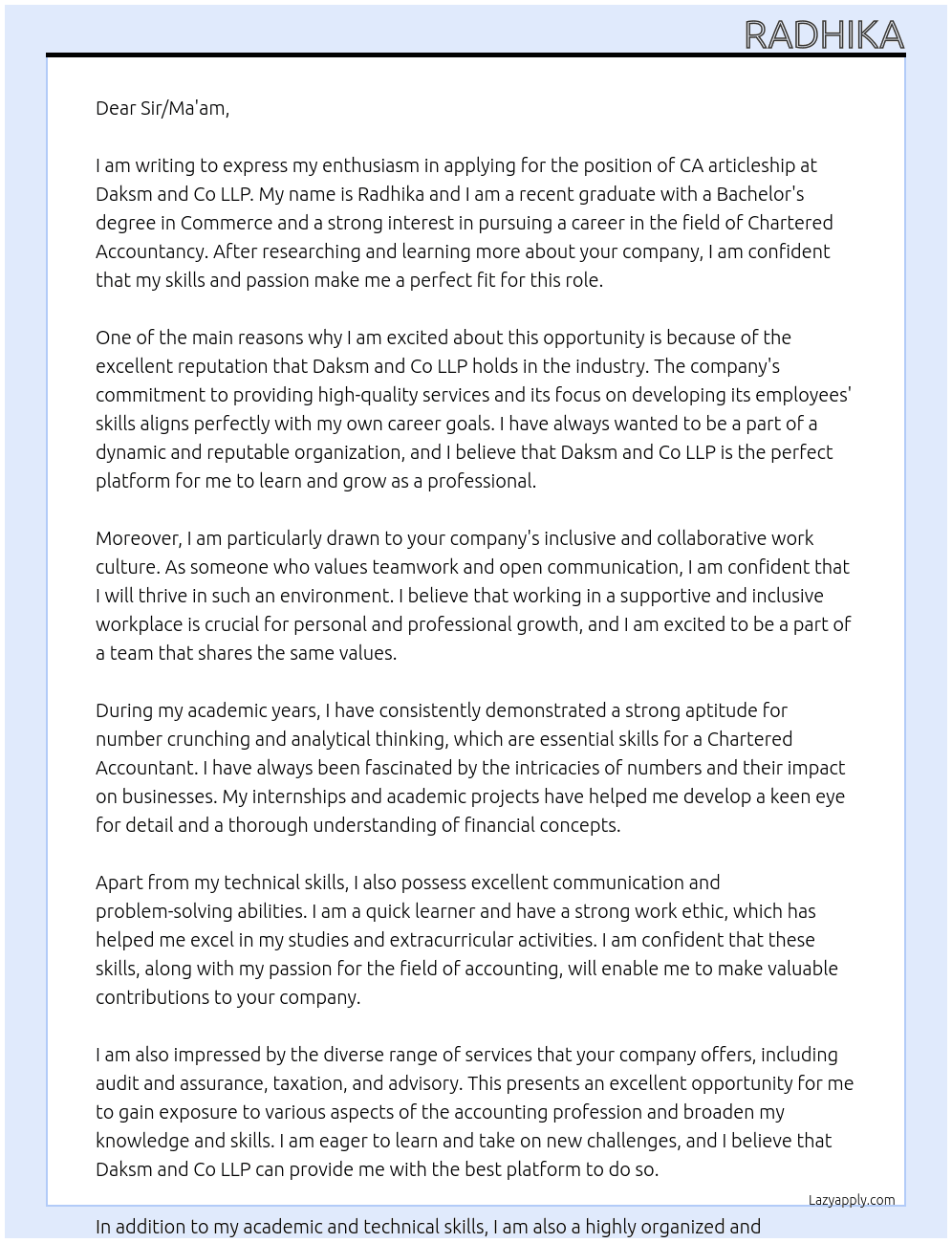 Ca articleship  At Daksm and co llp Cover Letter