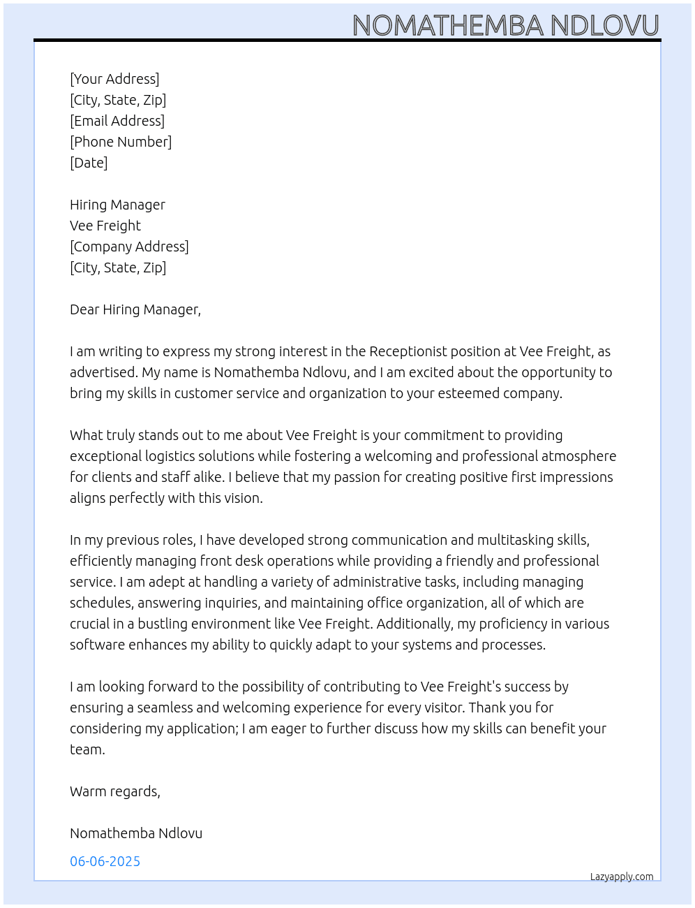 Receptionist  At Vee Freight  Cover Letter