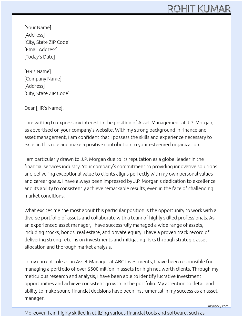 ASSET MANAGEMENT At J.P. MPRGAN Cover Letter