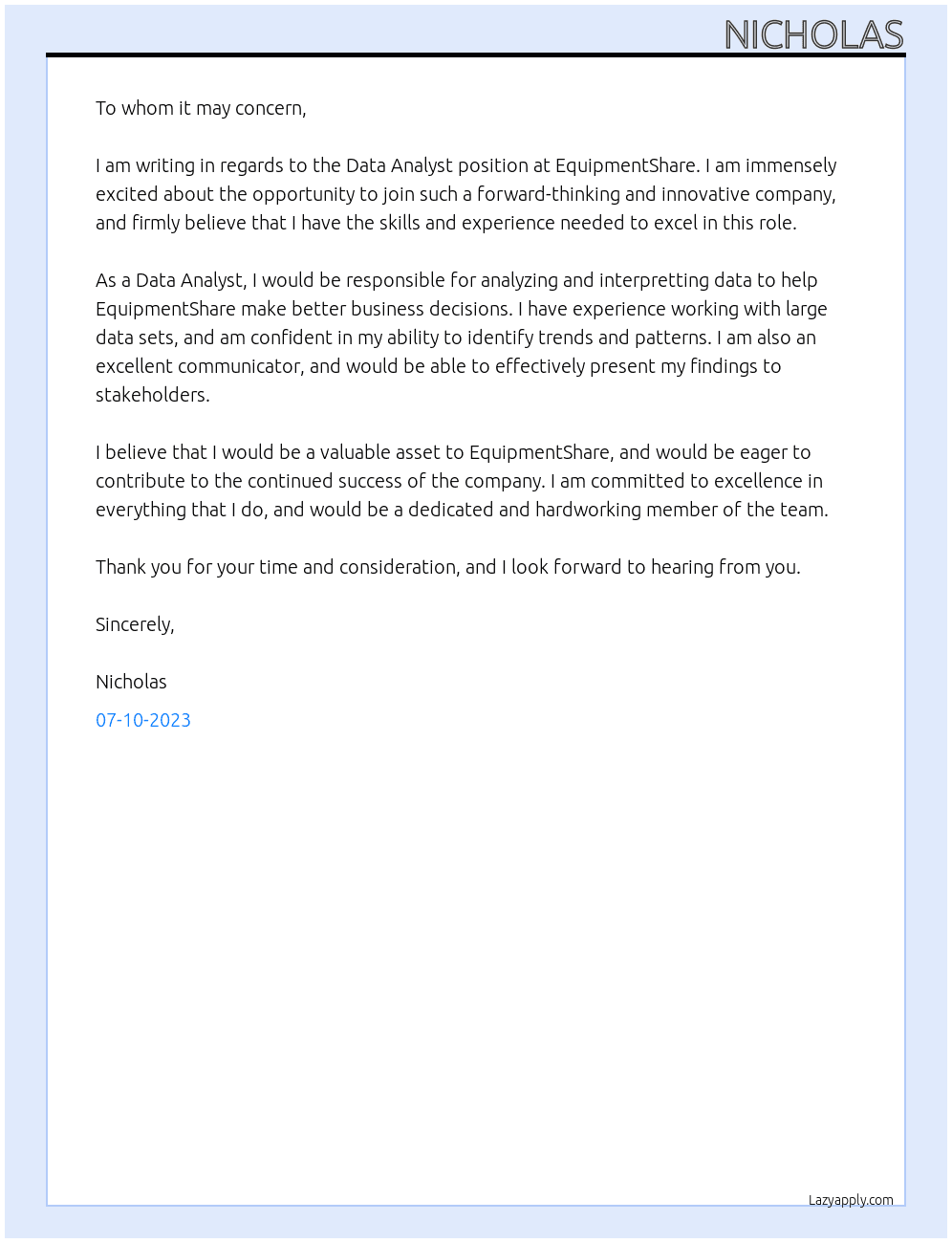 Data Analyst At EquipmentShare Cover Letter