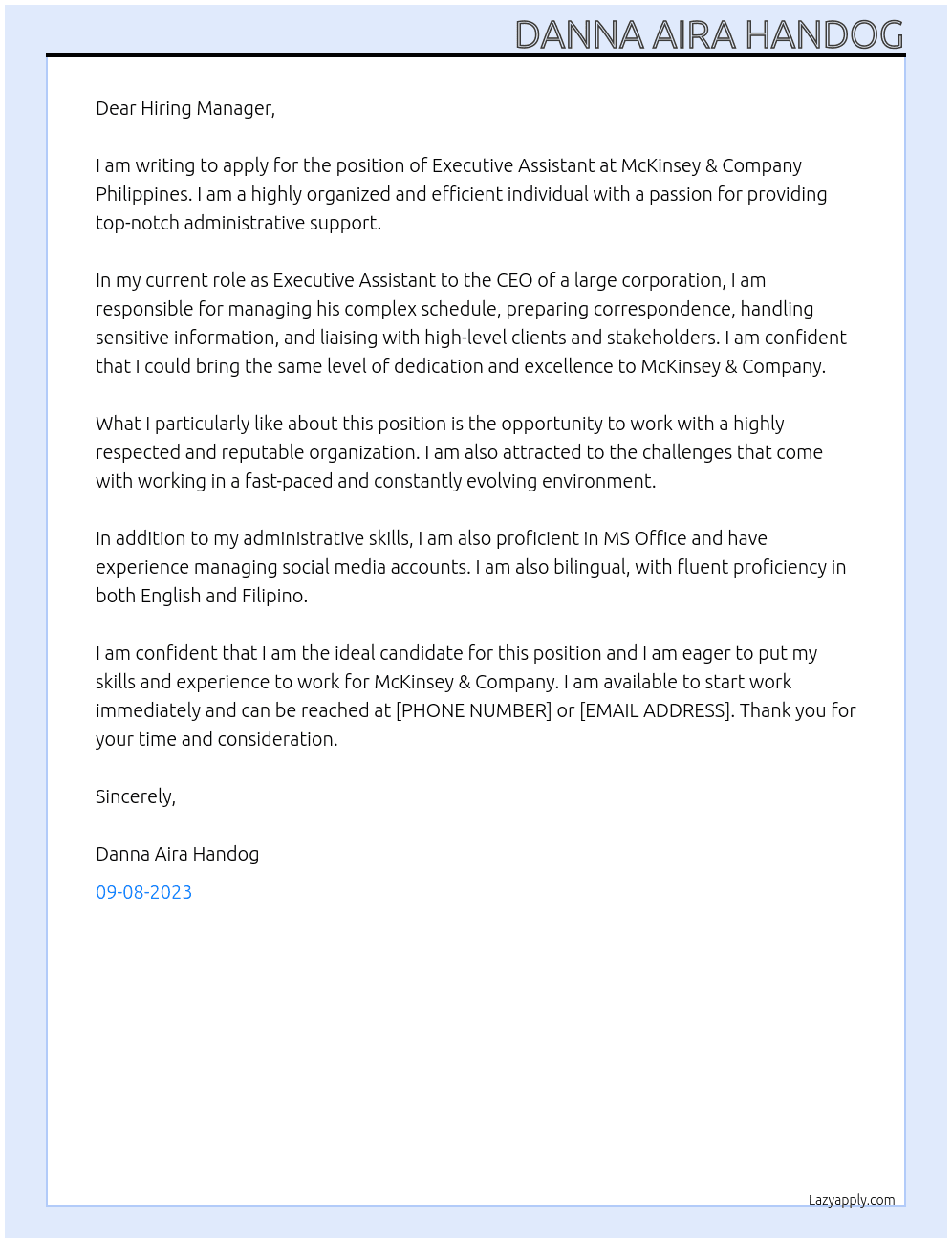 Executive Assistant At McKinsey & Company Philippines Cover Letter