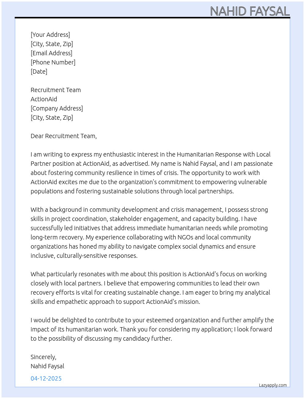 humanitarian response with local partner At actionaid Cover Letter