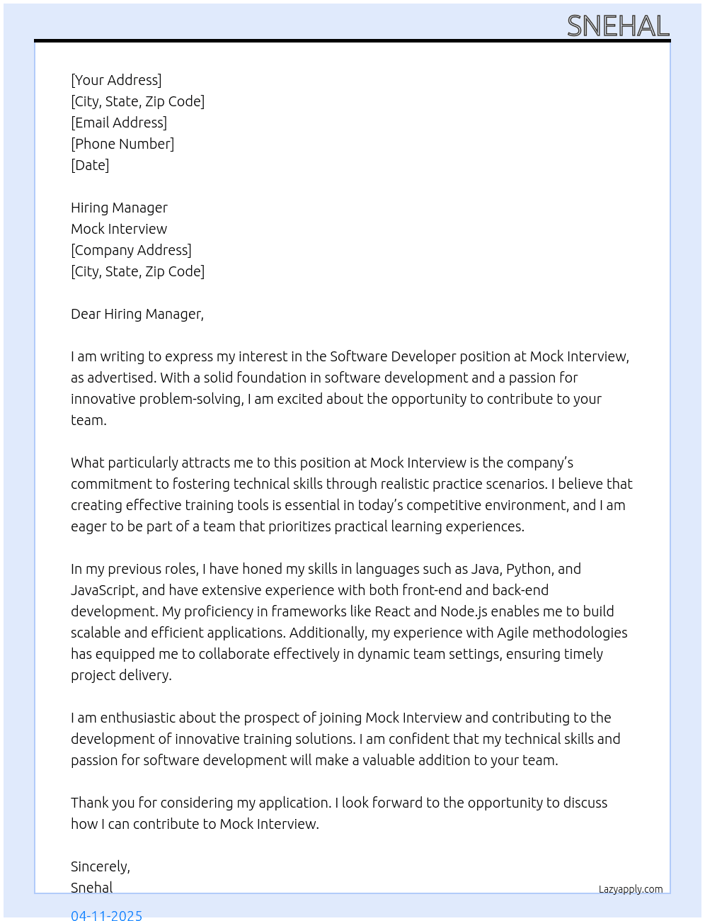 software developer  At Mock interview  Cover Letter