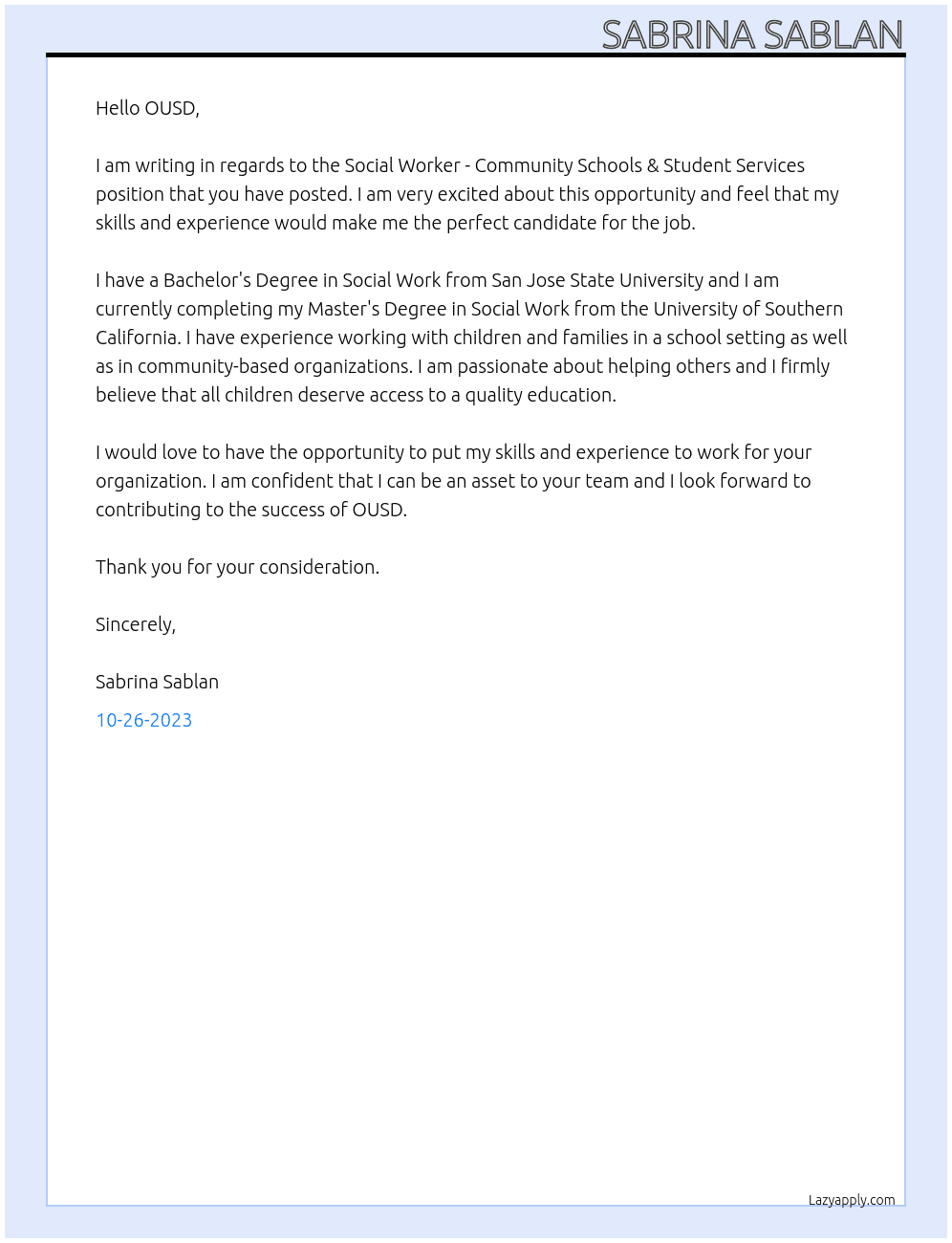 Social Worker - Community Schools & Student Services At OUSD Cover Letter