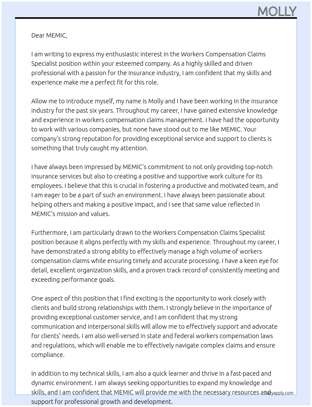 Workers Compensation Claims Specialist At MEMIC Cover Letter