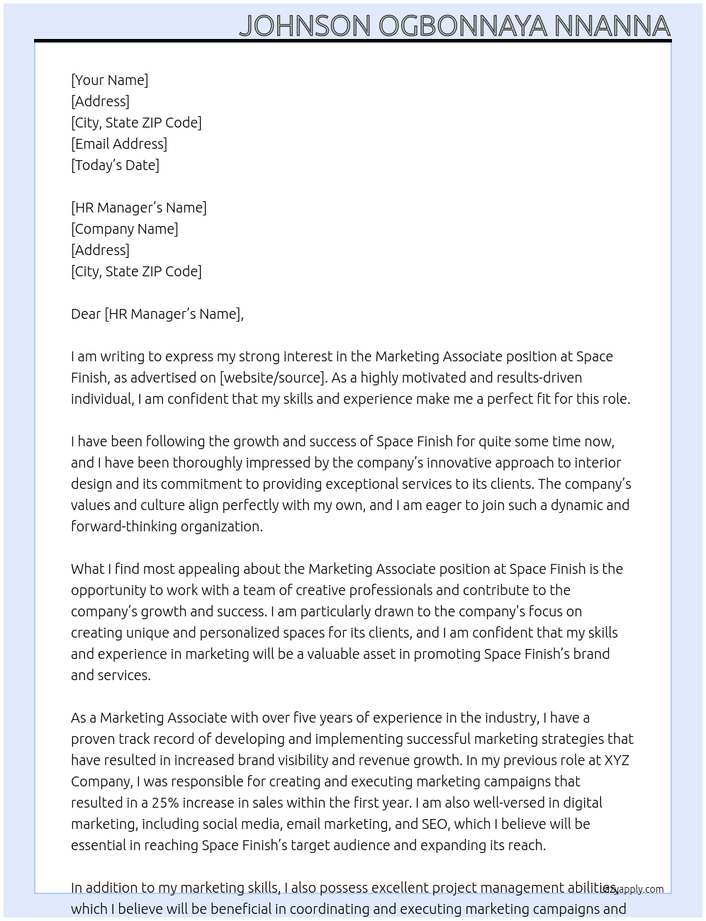 Marketing Associate  At Space finish Cover Letter