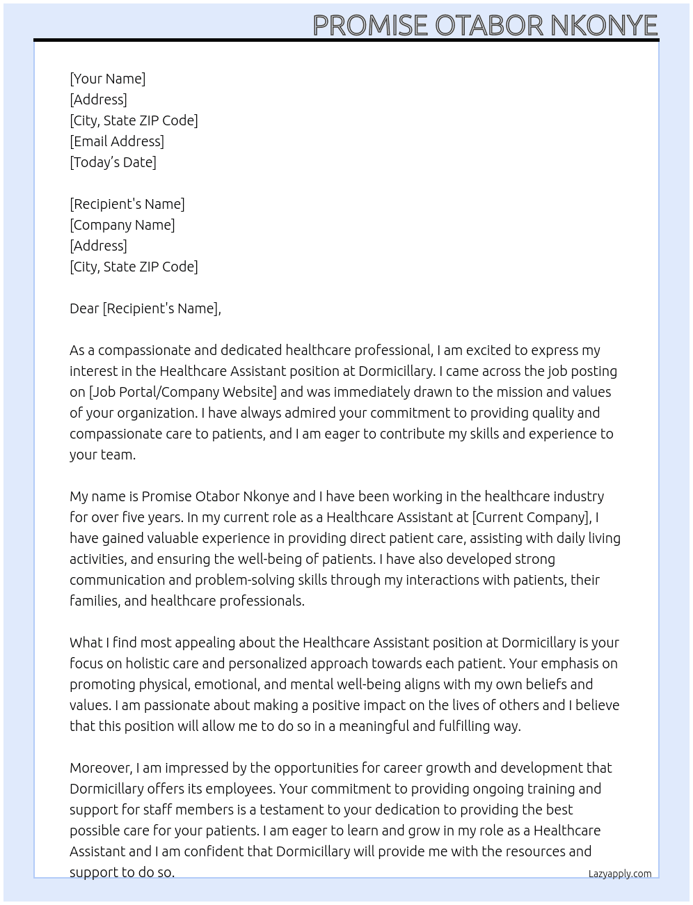 healthcare assistant At dormicillary Cover Letter