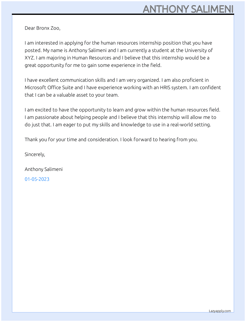 human resources internship At bronx zoo Cover Letter