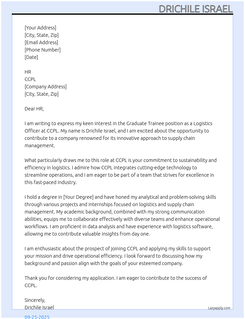 Graduate trainee as logistic officer At CCPL Cover Letter