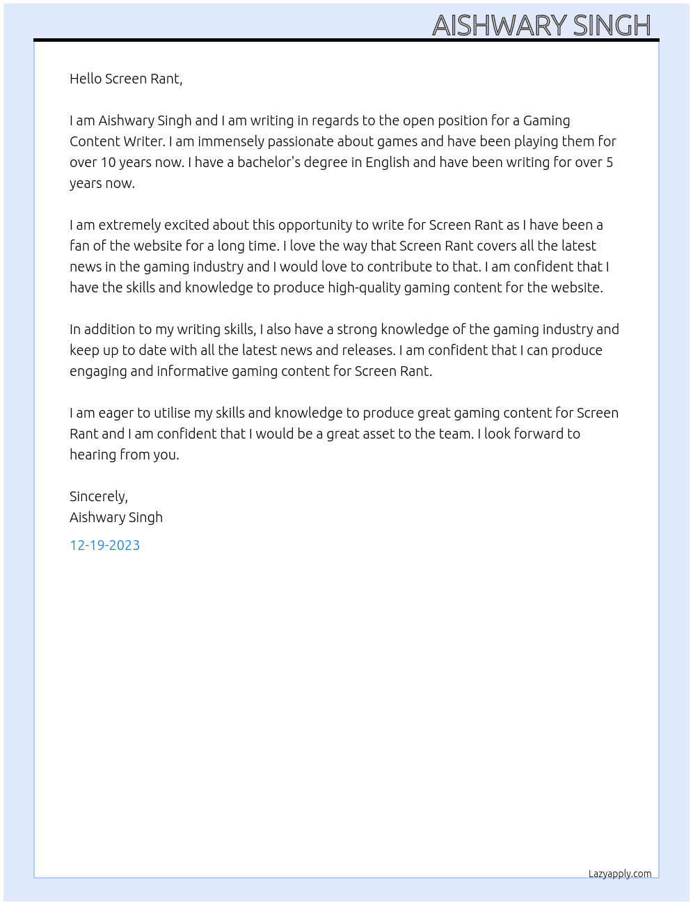 Gaming Content Writer  At SCREENRANT Cover Letter