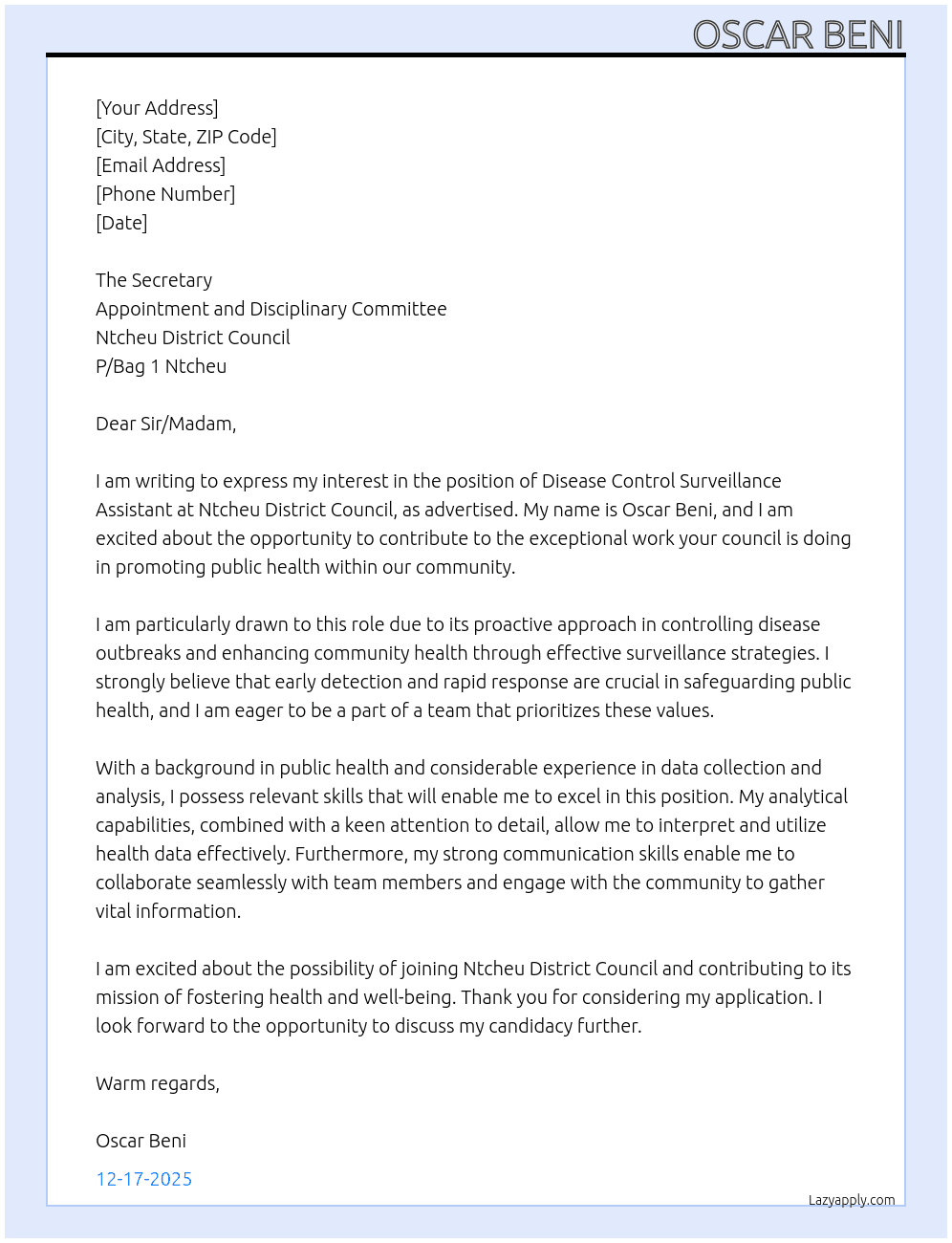 Disease Control Surveillance Assistant  At Ntcheu District Council  Cover Letter