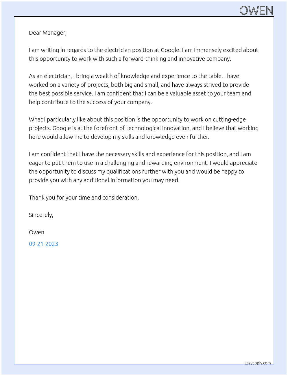 electrition  At google Cover Letter