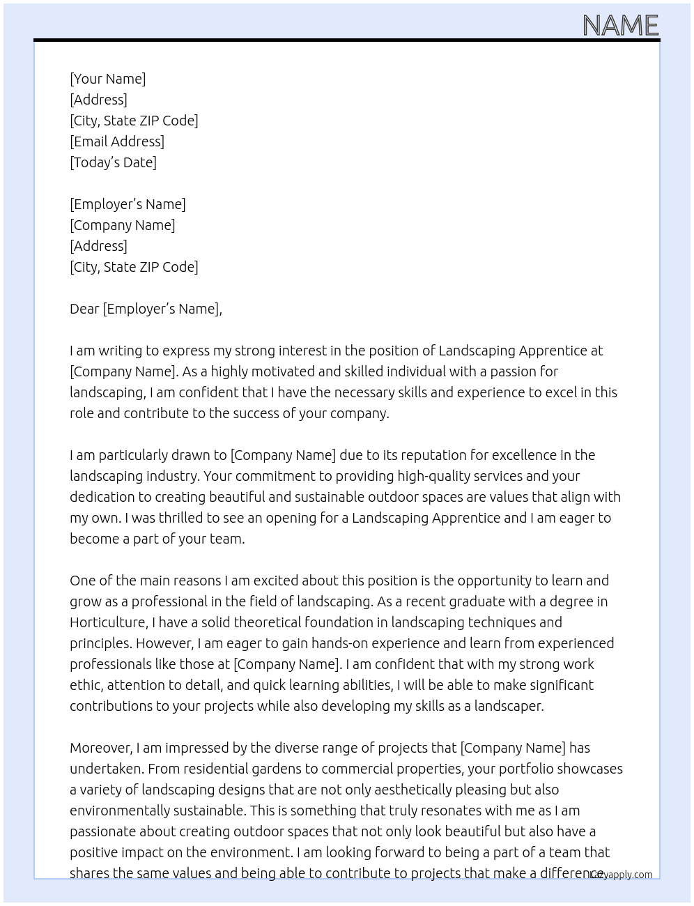 Landscaping apprentice At name Cover Letter