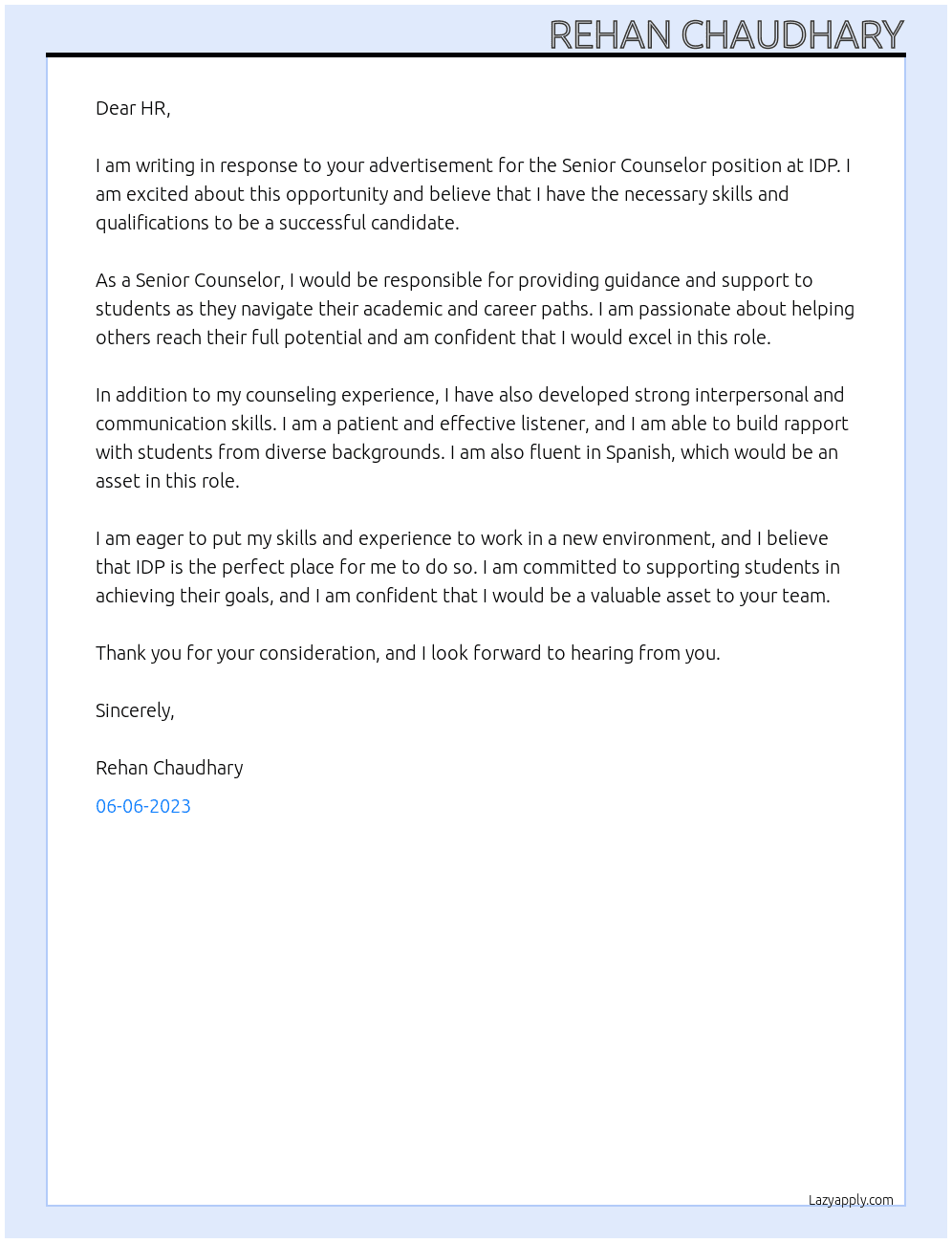 Senior Counselor  At IDP Cover Letter