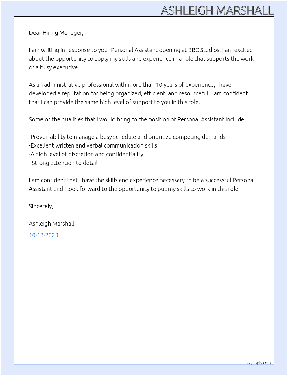 Personal Assistant At BBC Studios Cover Letter
