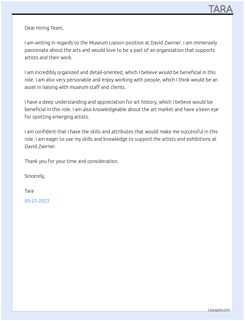 Museum Liason At David Zwirner Cover Letter