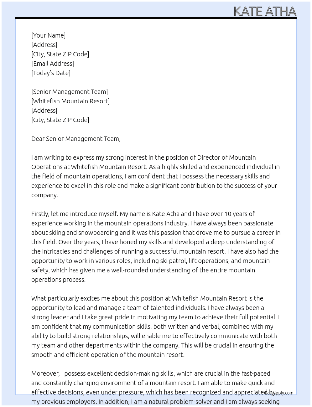Director of Mountain Operations At Whitefish Mountain Resort Cover Letter