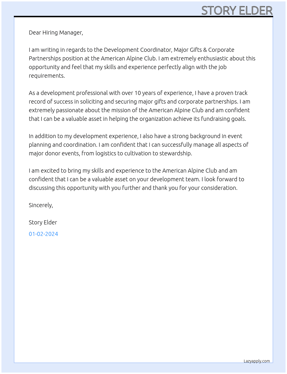 Cover letter for development coordinator, major gifts & corporate partnerships - LazyApply