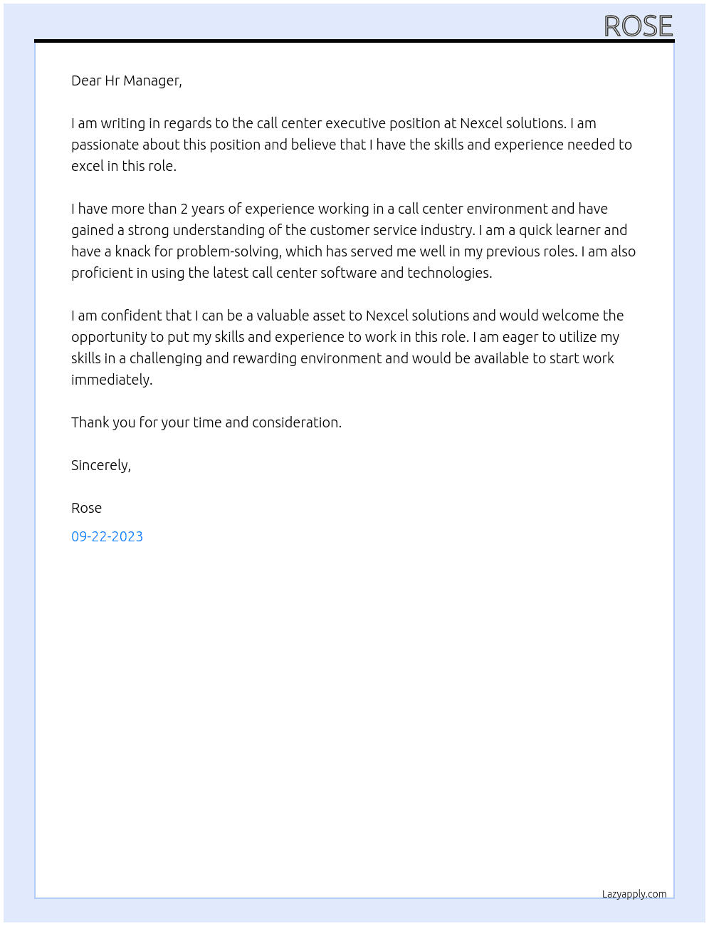 call center executive At Nexcel solutions Cover Letter