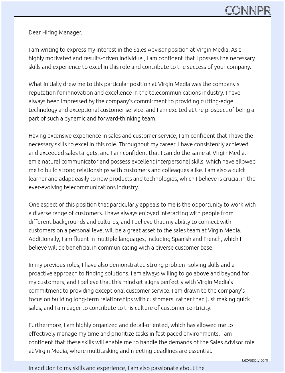 Sales advisor At Virgin media Cover Letter