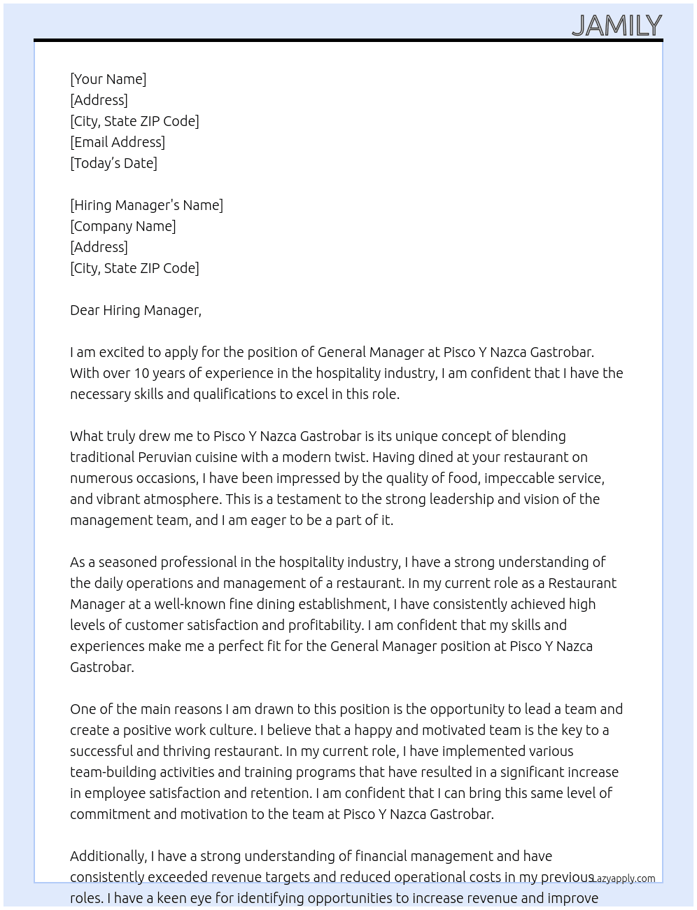 General Manager At Pisco Y Nazca Gastrobar Cover Letter