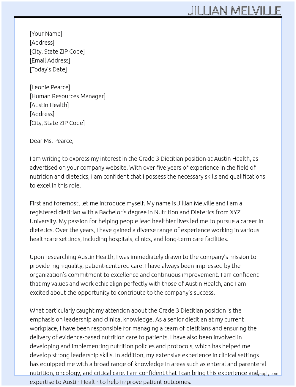 Grade 3 Dietitian At Austin Health Cover Letter