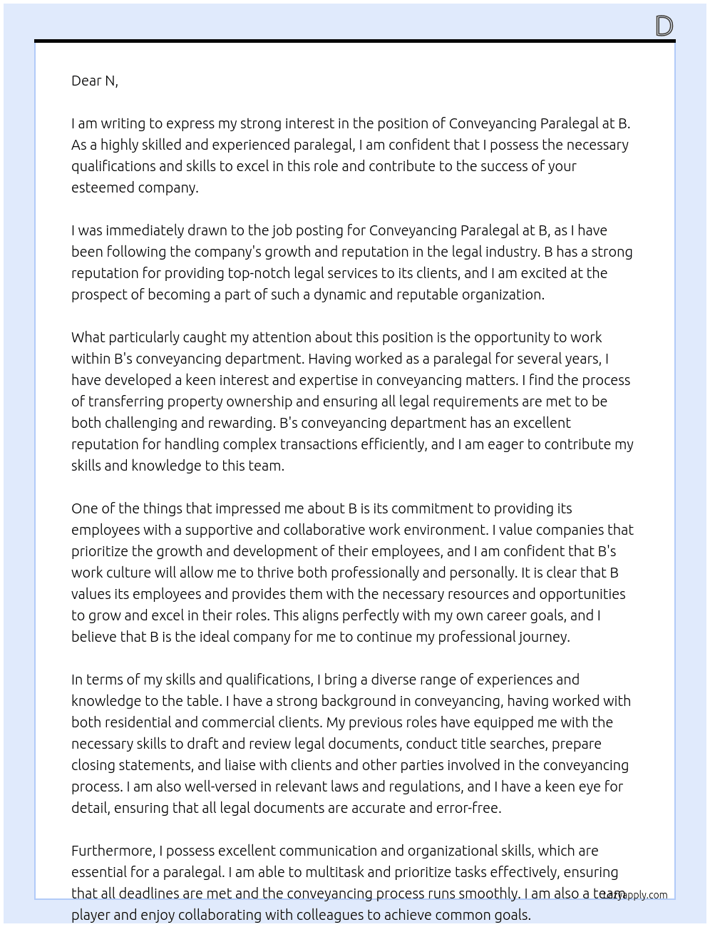 Conveyancing paralegal  At B Cover Letter