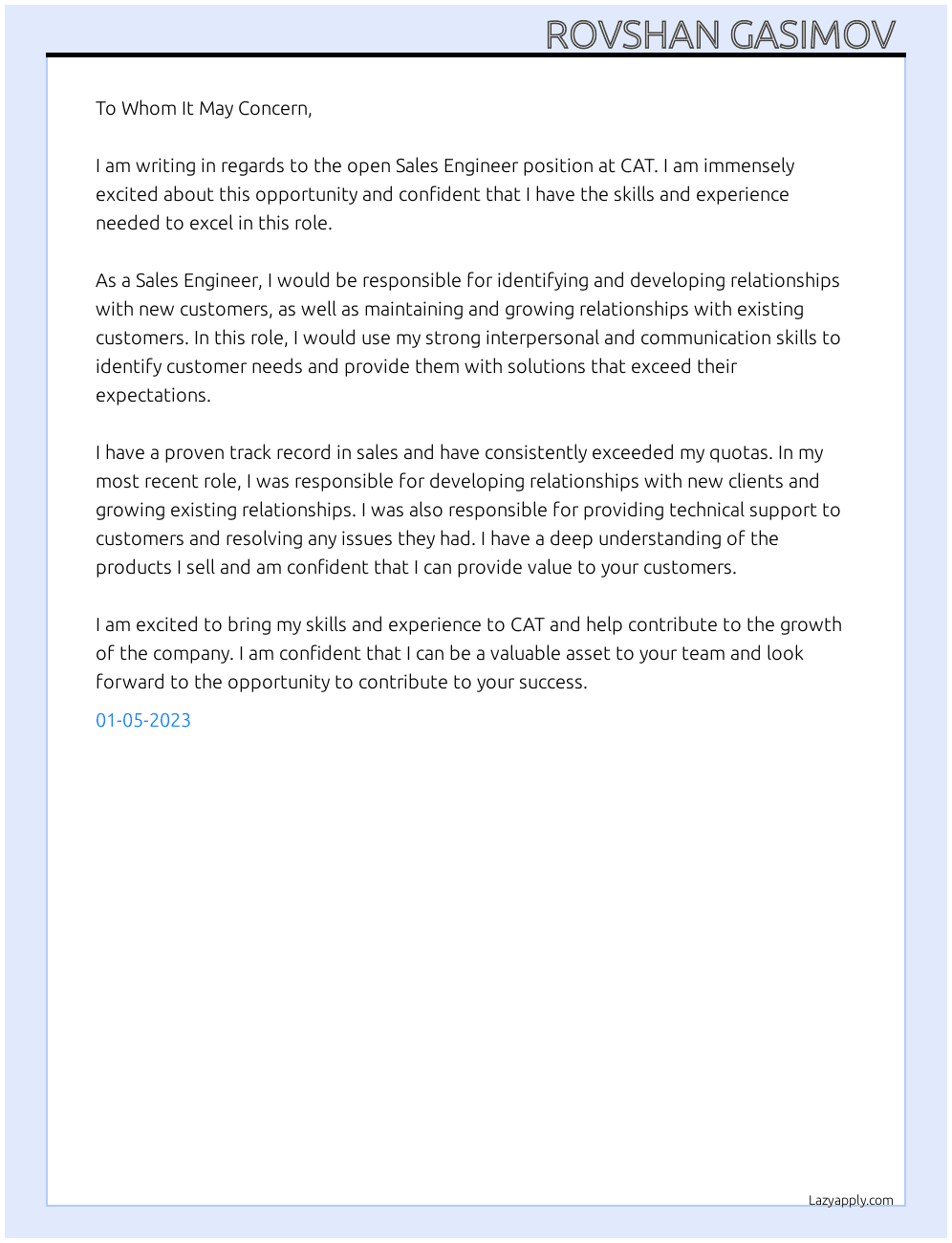Sales Engineer  At CAT Cover Letter