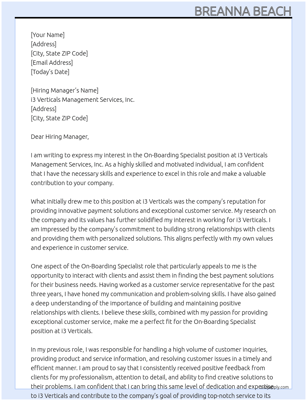 On-Boarding Specialist At i3 Verticals Management Services, Inc. Cover Letter