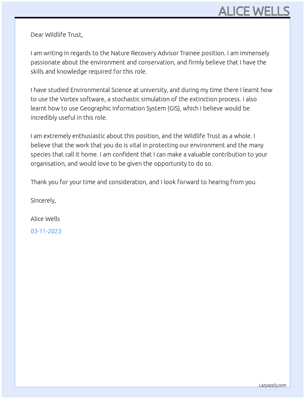 Nature Recovery Advisor Trainee At Wildlife trust Cover Letter