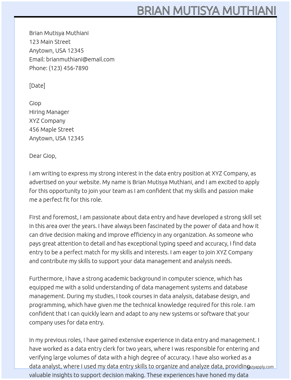 data entry At Brian Mutisya Muthiani Cover Letter