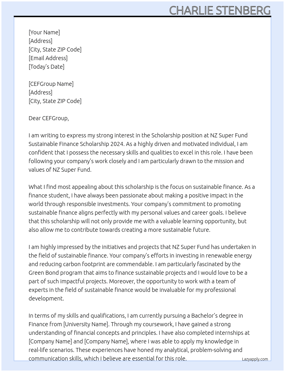 Scholarship  At NZ Super Fund Sustainable Finance Scholarship 2024 Cover Letter