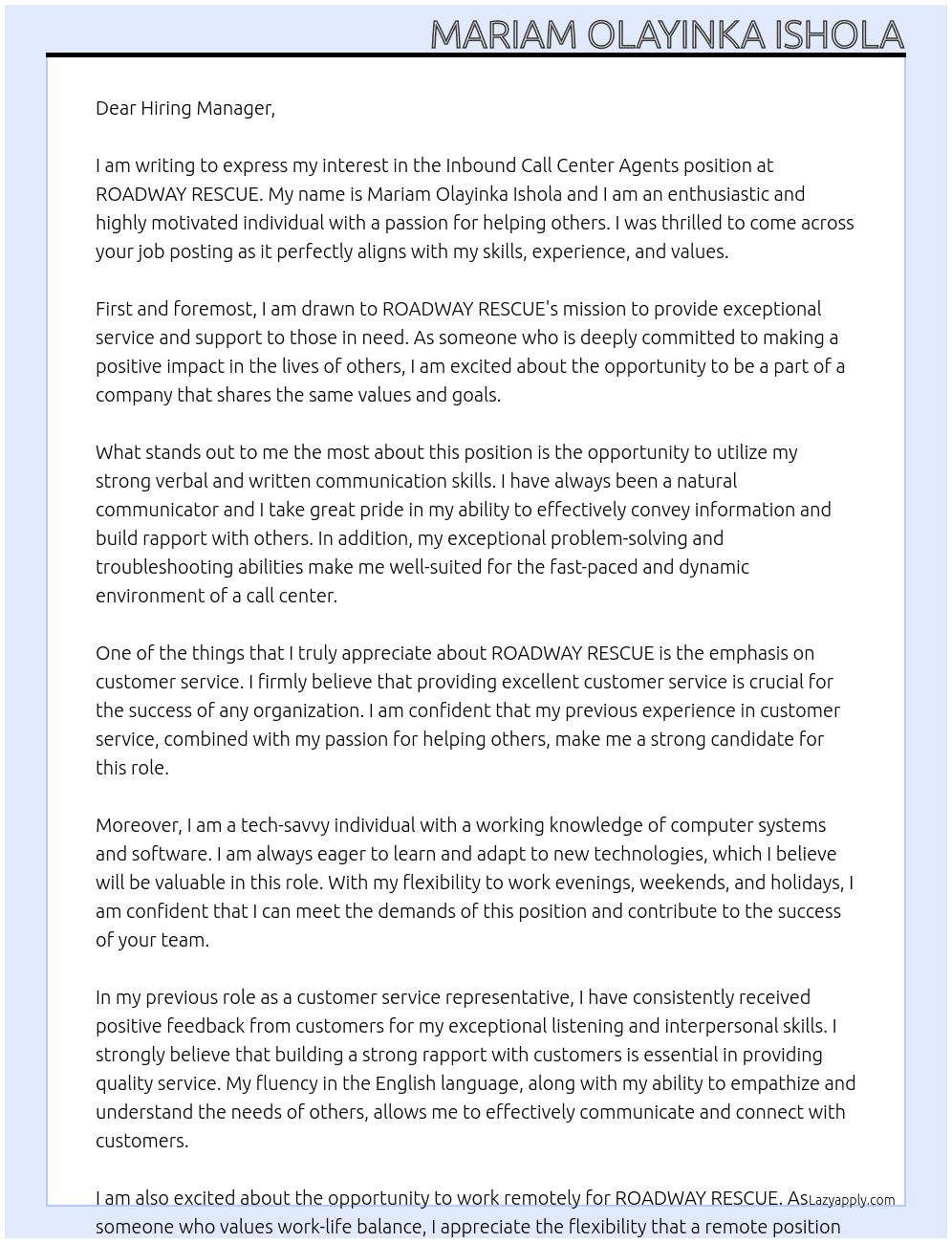  Inbound Call Center Agents At ROADWAY RESCUE Cover Letter