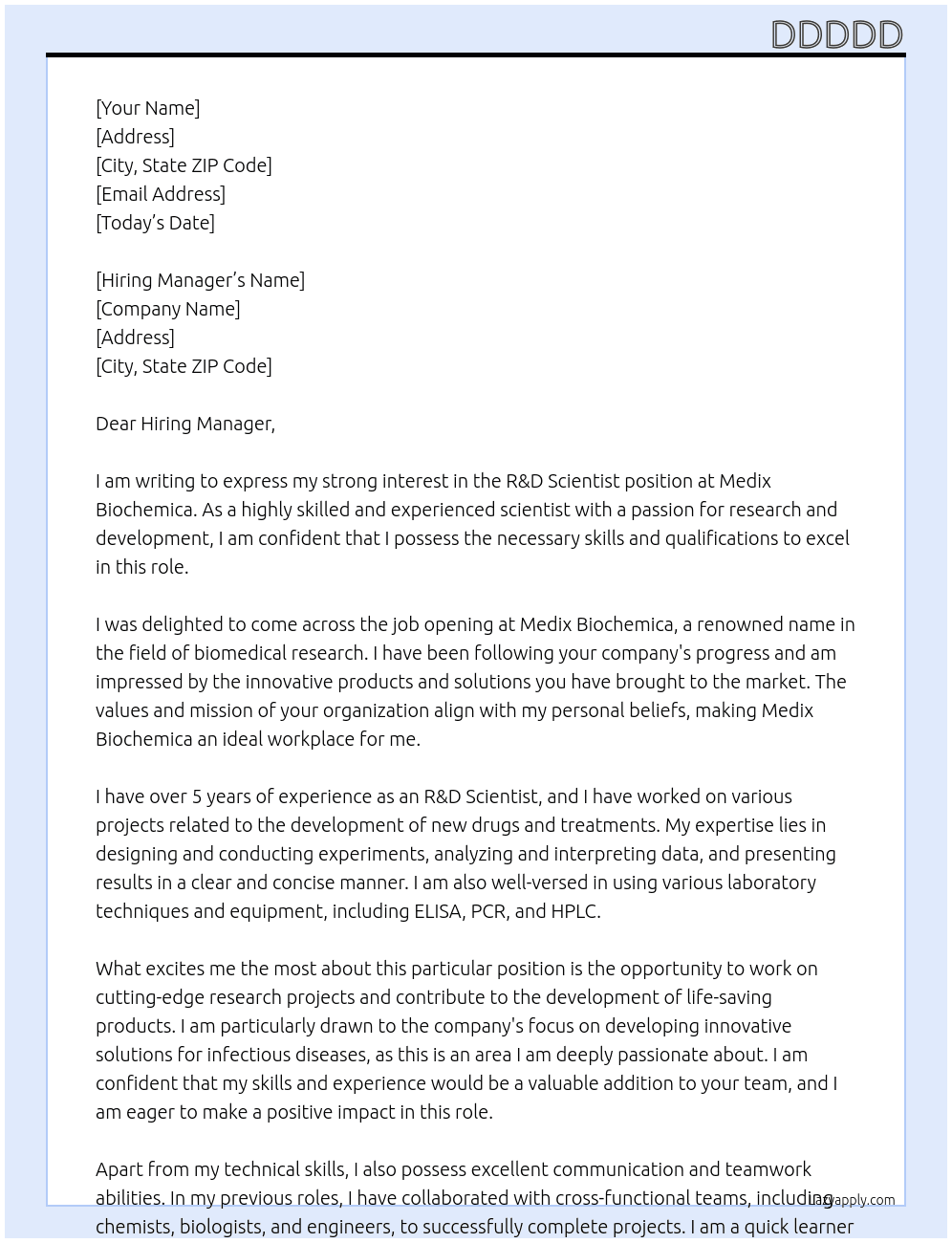R&D Scientist At Medix Biochemica Cover Letter