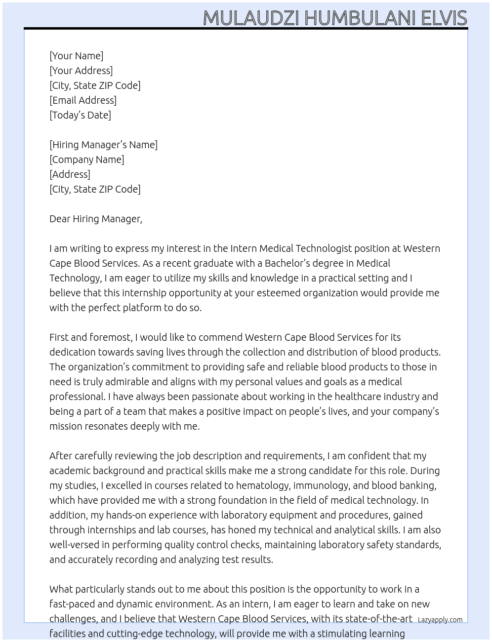 intern medical technologist At Western Cape Blood Services Cover Letter