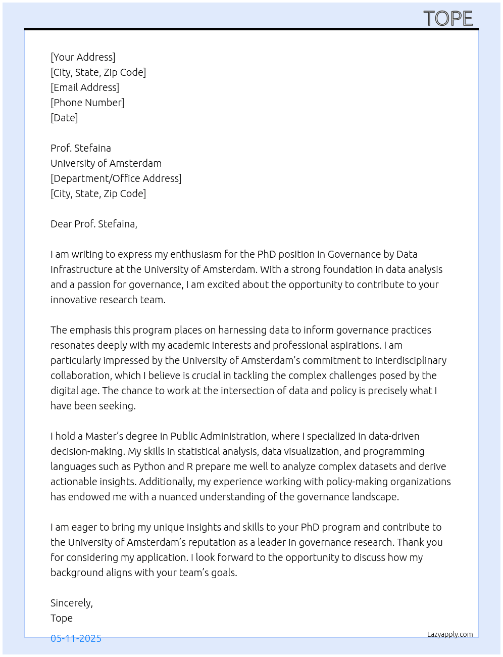 phd in governance by data infrastructure At university of amsterdam Cover Letter