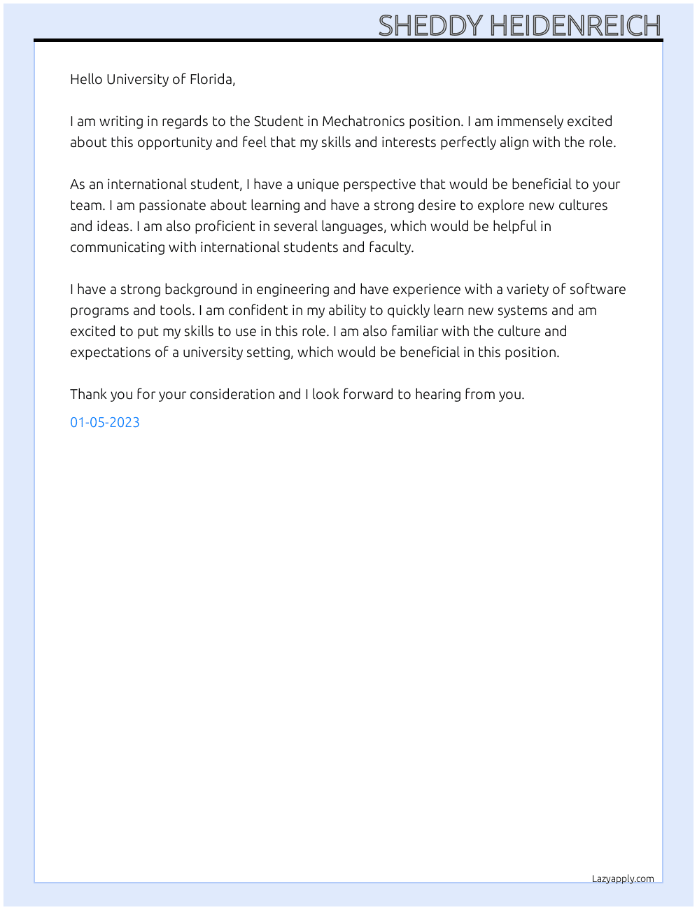 Student in Mechatronics At University of applied Sciences Hamburg Cover Letter