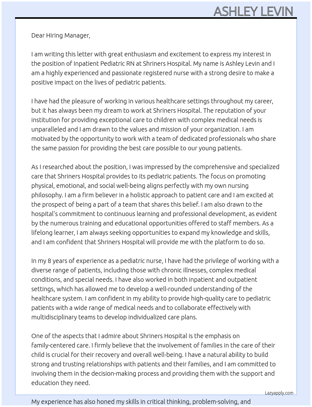 Inpatient Pediatric RN  At Shriners Hospital  Cover Letter